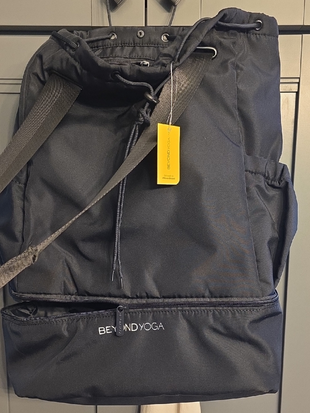 Beyond Yoga Black Drawstring Backpack with Front Zip Pocket